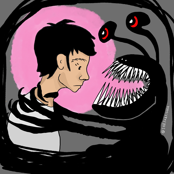 Illustration of trans person being attacked by their dysphoria monster