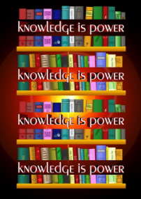 bookshelf with words, knowledge is power