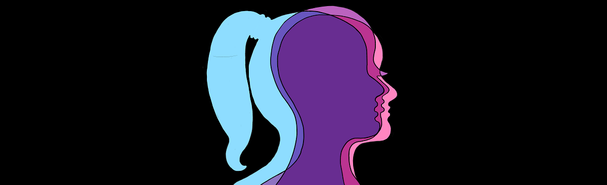Illustration of person with ponytail and the different gender heads inside