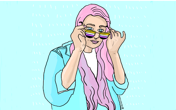 Image of trans person with long hair putting on sunglasses