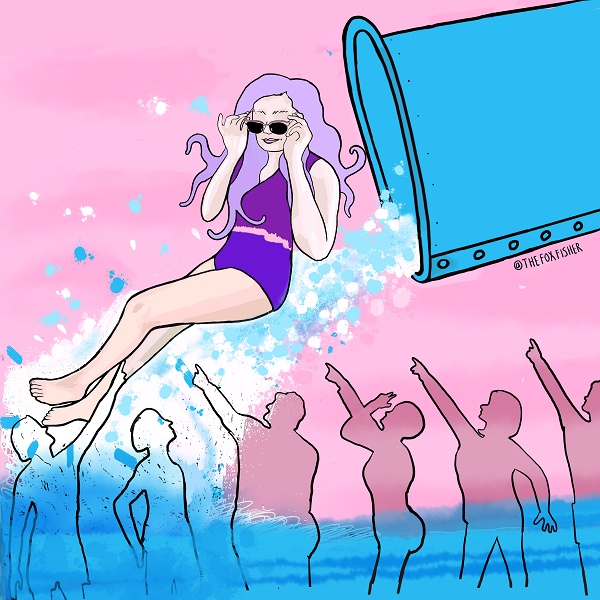 Illustration of trans person on a water flume