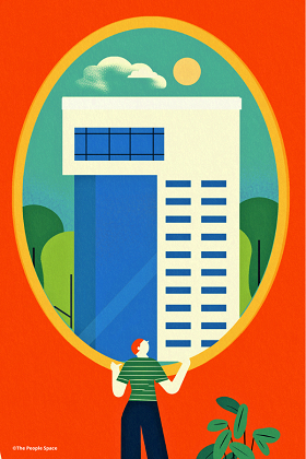 Illustration of cartoon person looking out of a large oval window at a tall building
