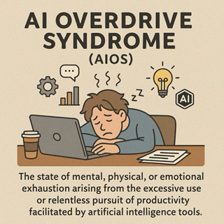 Image shows the definition of AI Overdrive Syndrome (AIOS) The state of mental, physical, or emotional exhaustion arising from the excessive use or relentless pursuit of productivity facilitated by artificial intelligence tools.