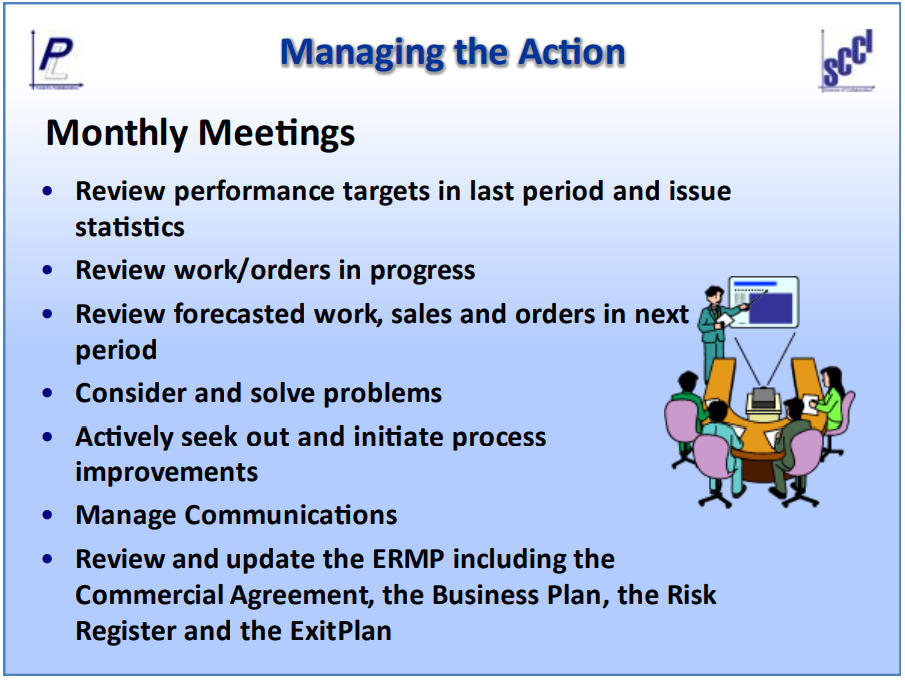 Managing the action; monthly meetings to review performance targets, work in progress, forecasted work, manage comms and consider and solve problems