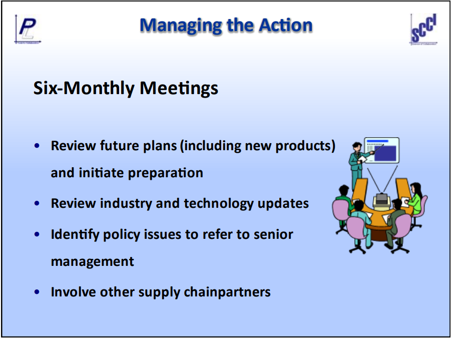 Managing the action, six-monthly meetings to review future plans, initiate preparation, review industry updates and identify policy issues