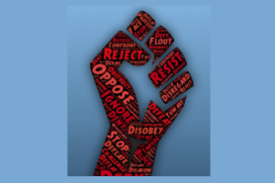 Word cloud describing defiance in a hand fist shape