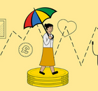Icon of a woman walking with icons representing money, health and wellbeing