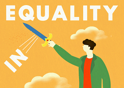 Illustration of cartoon person slicing off the 'in' from the word inequality with a sword