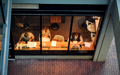 People working in café