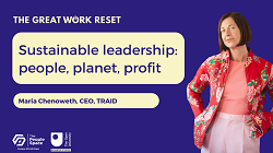 Photo of Maria Chenoweth next to text reading "The Great Work Reset. Sustainable leadership: people, planet, profit"