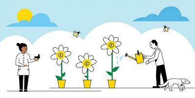 Cartoon image of two people watering daisies