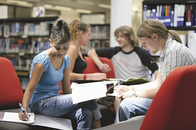 students in library
